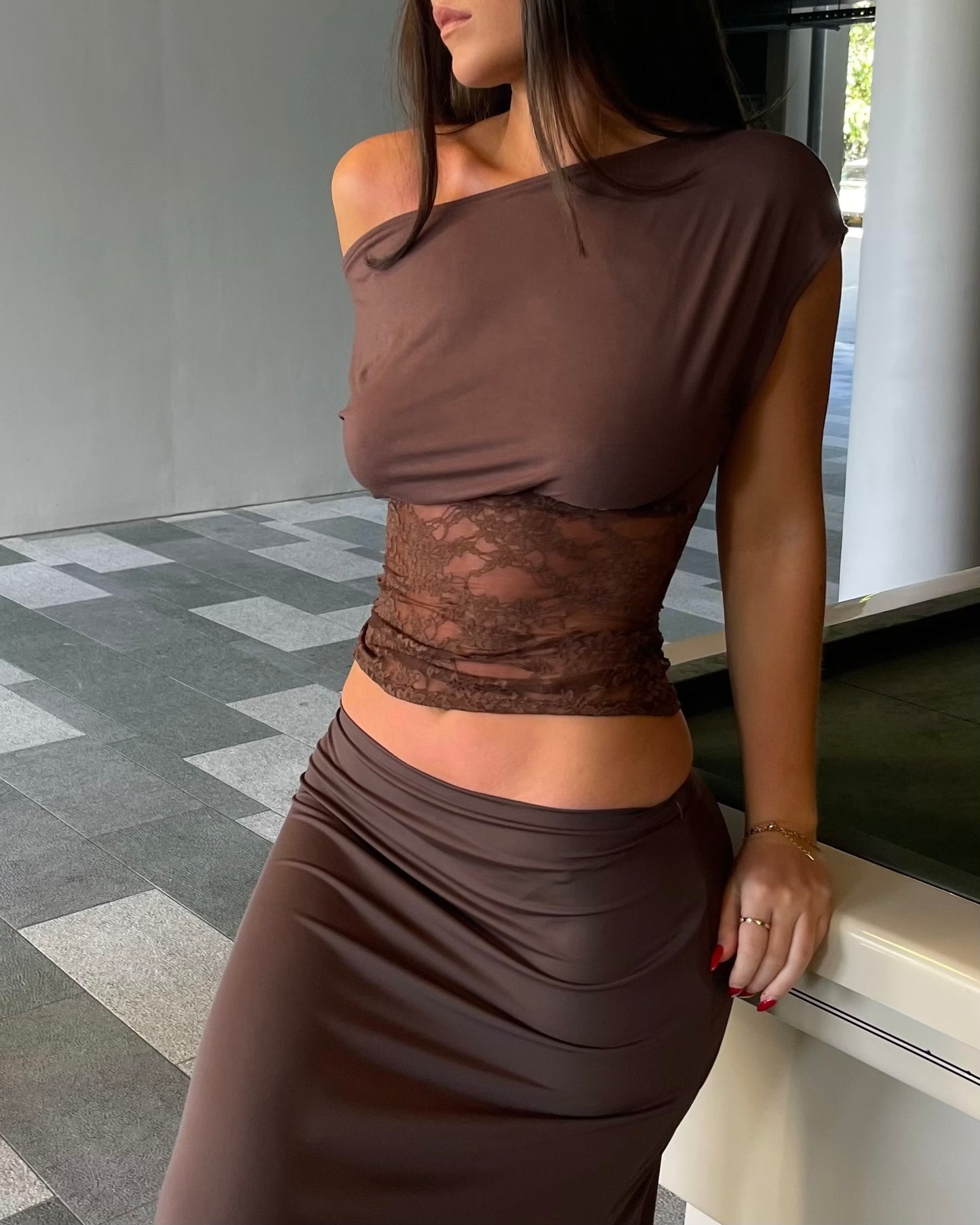 Lace Asymmetric Top Brown