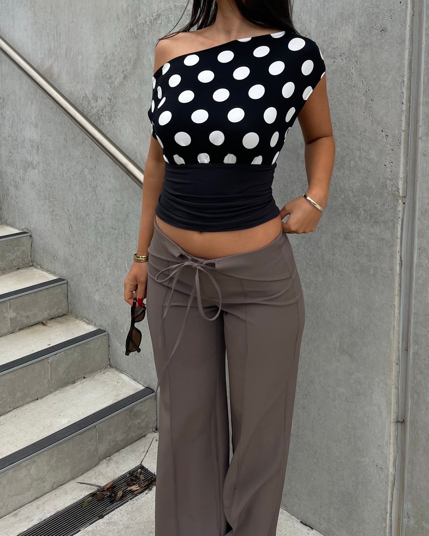 Asymmetric Polka Dot Top Black