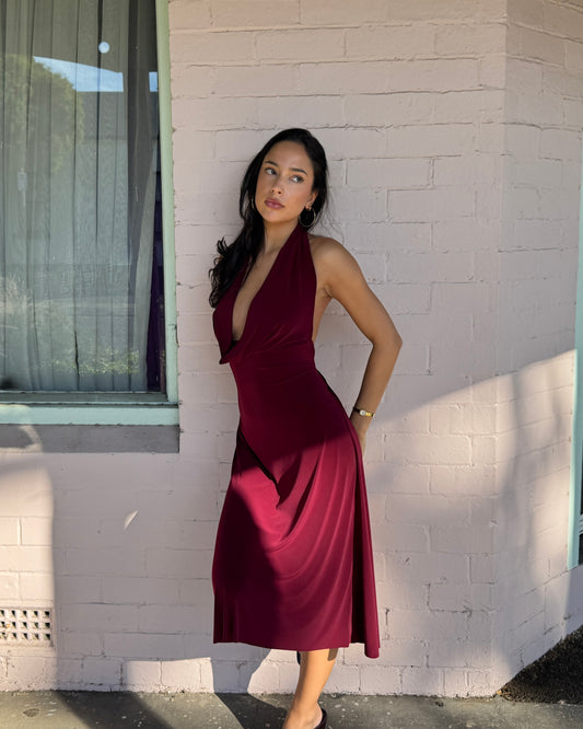 The Jade Midi Dress in wine - Pre order