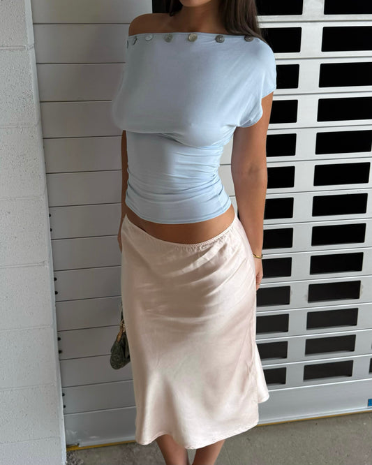 Asymmetric Button Top Baby Blue