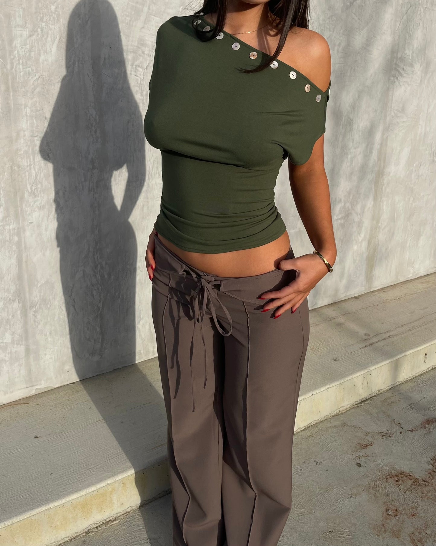 Asymmetric Button Top Khaki