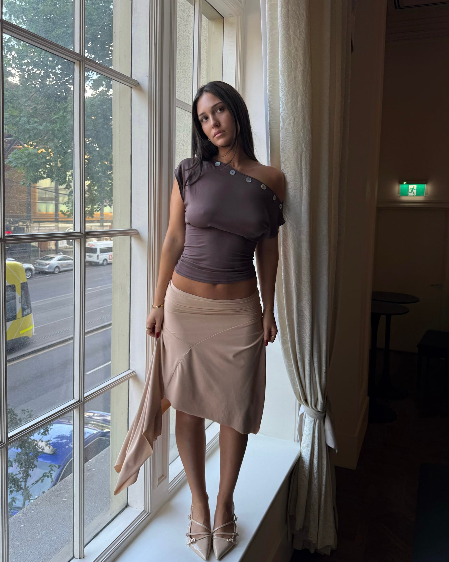 Asymmetric Button Top Mocha - Preorder