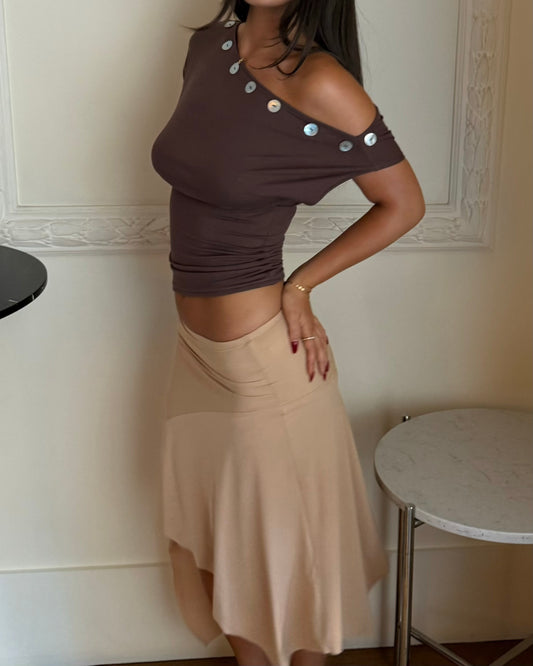 Asymmetric Button Top Mocha - Preorder