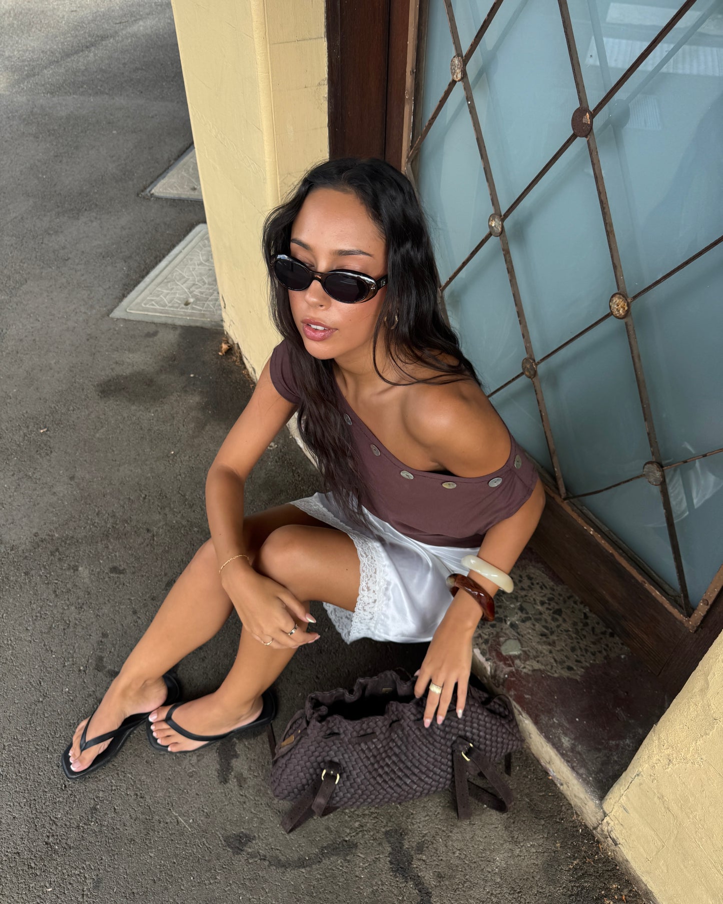 Asymmetric Button Top Mocha