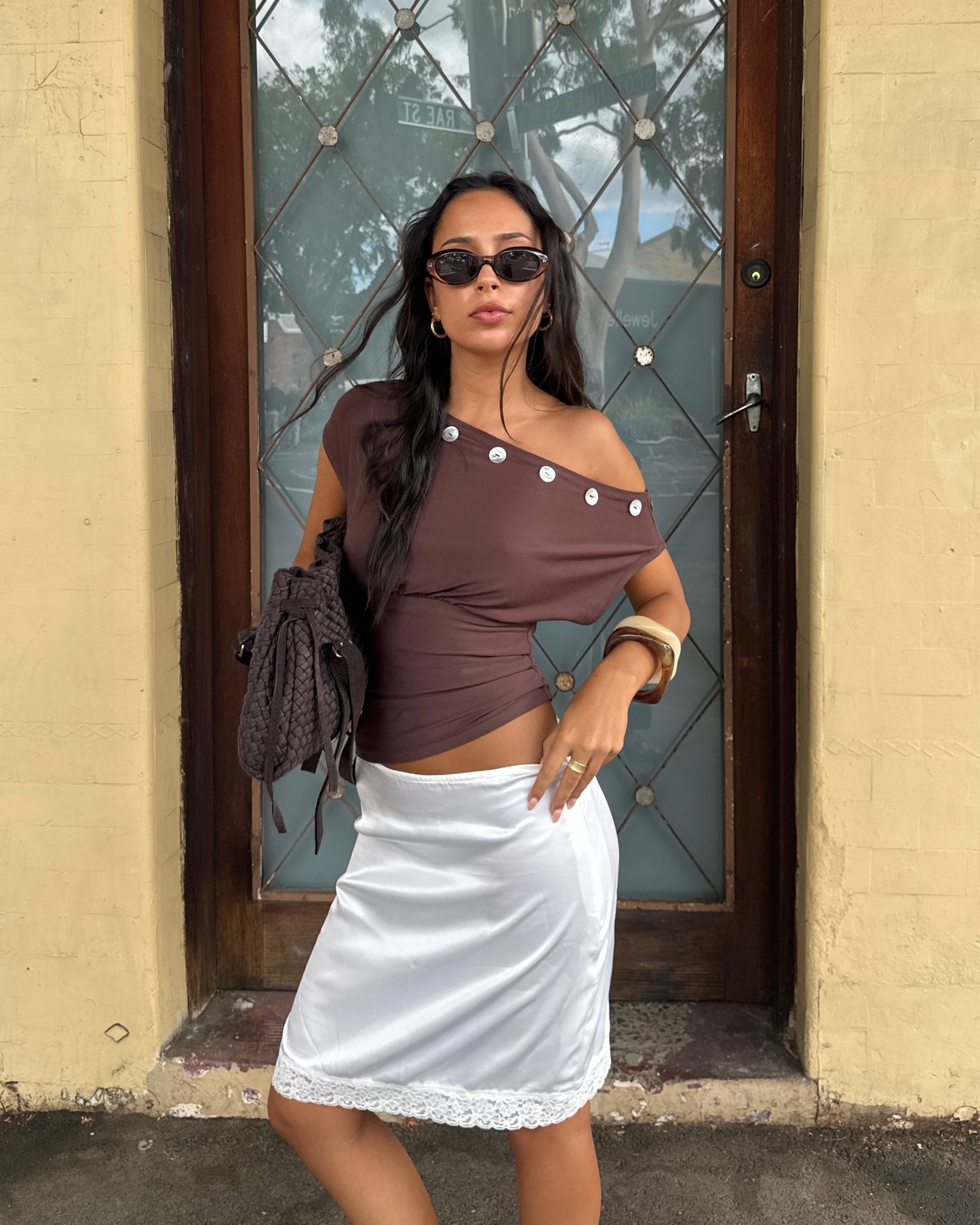 Asymmetric Button Top Mocha