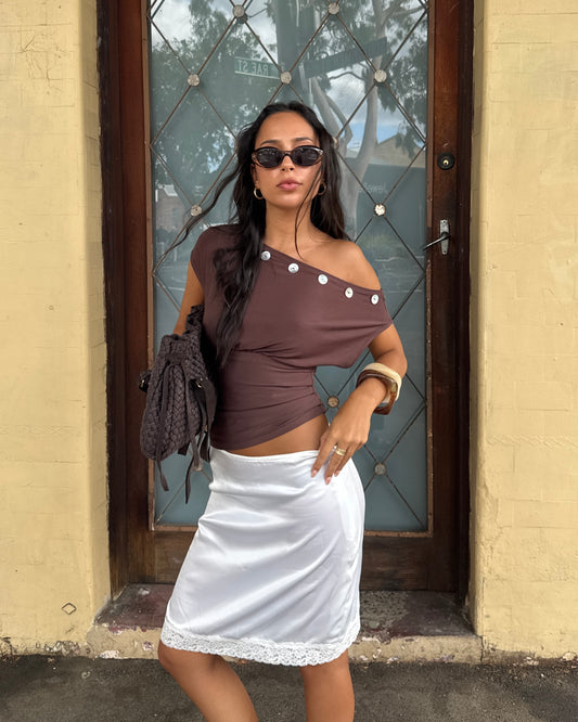 Asymmetric Button Top Mocha
