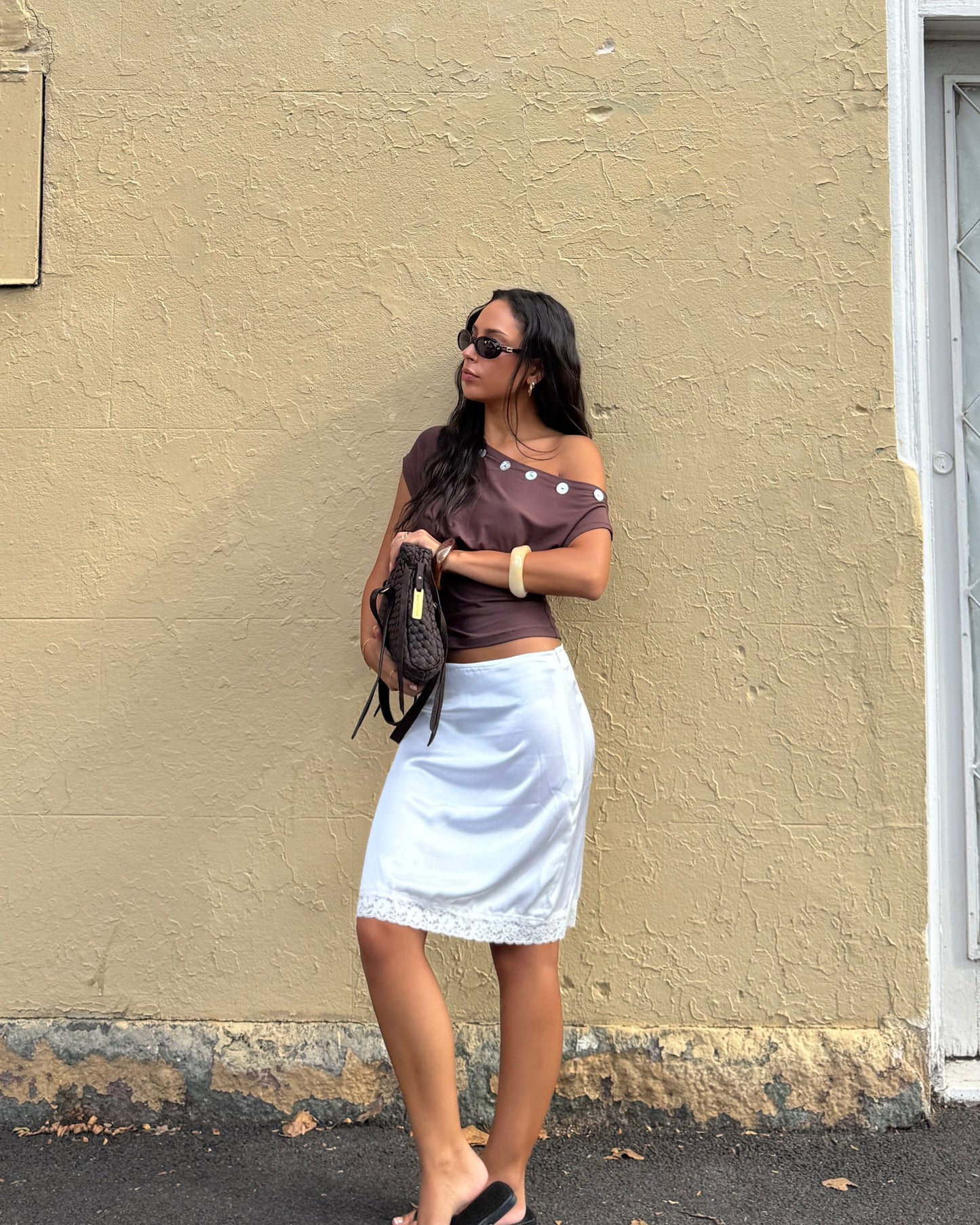 Asymmetric Button Top Mocha