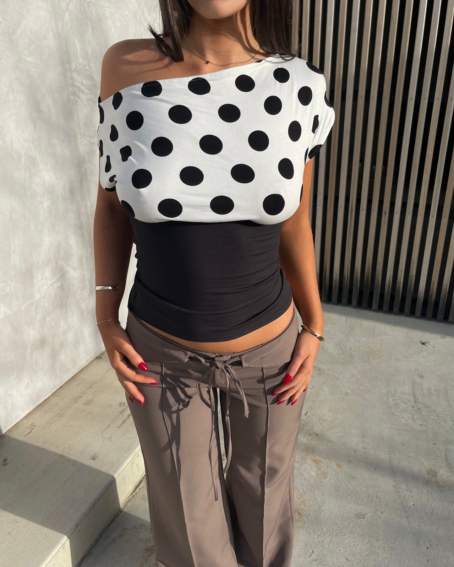 Asymmetric Polka Dot Top White