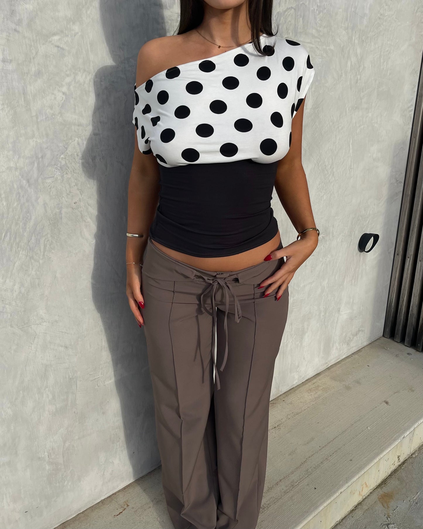 Asymmetric Polka Dot Top White